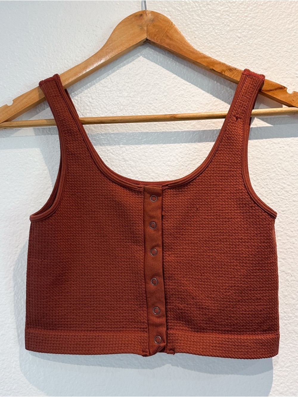 Rust Waffle Knit Button-Front Crop Tank Top